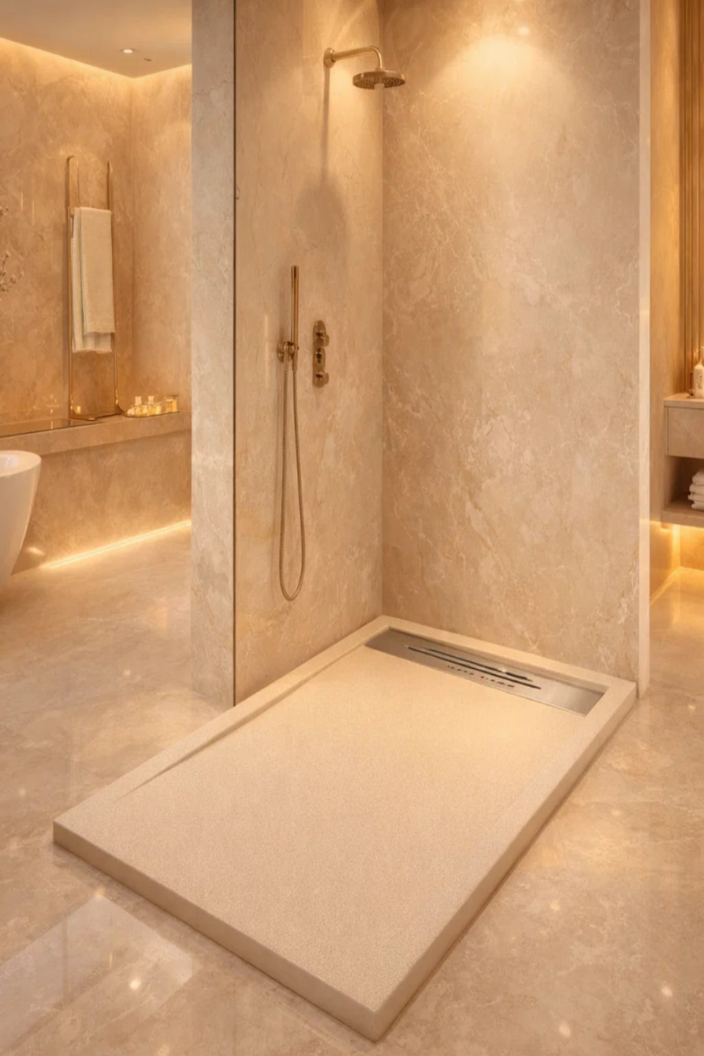 Plato de ducha de resina, Gel Coat, Marbella acabado piedra, color beige, antideslizante, higiénico y duradero, Errefe Home