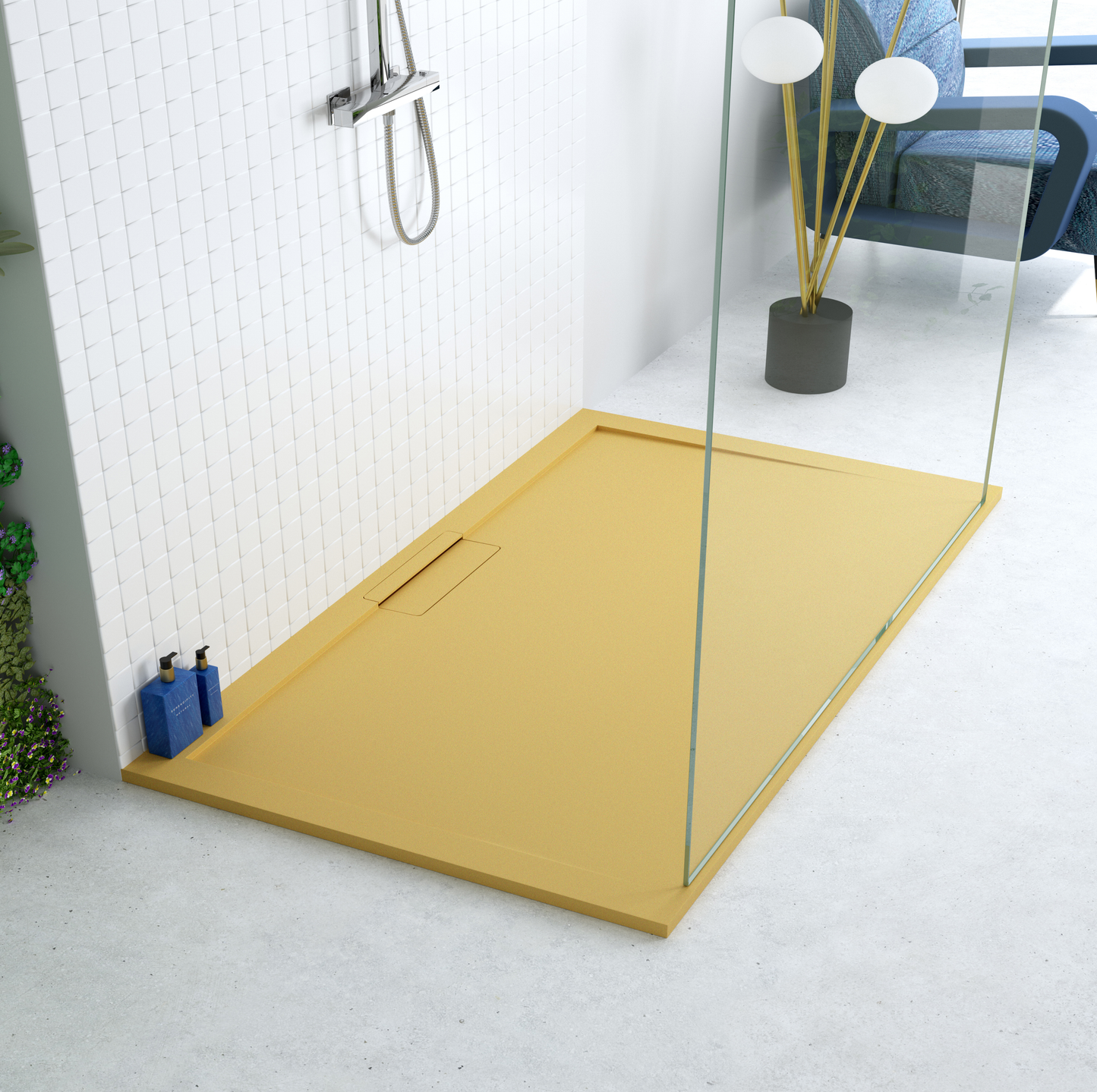 Plato de ducha Stone Quartz Valenti­a Becrisa, color Mustard Metalizado, sofisticado, ligero y duradero, Errefe Home