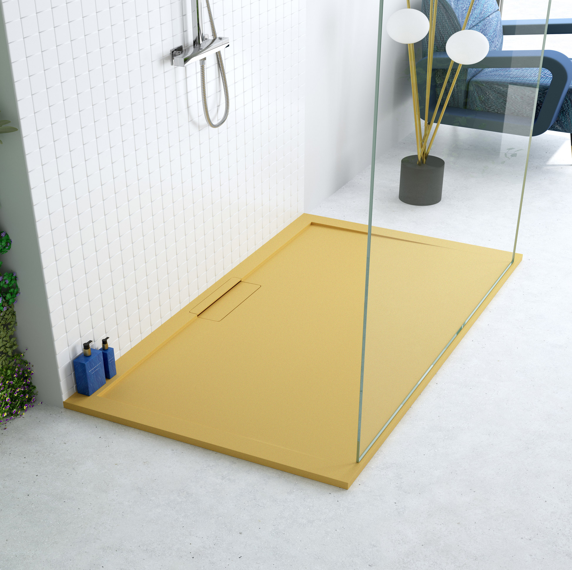 Plato de ducha Stone Quartz Valenti­a Becrisa, color Mustard Metalizado, sofisticado, ligero y duradero, Errefe Home
