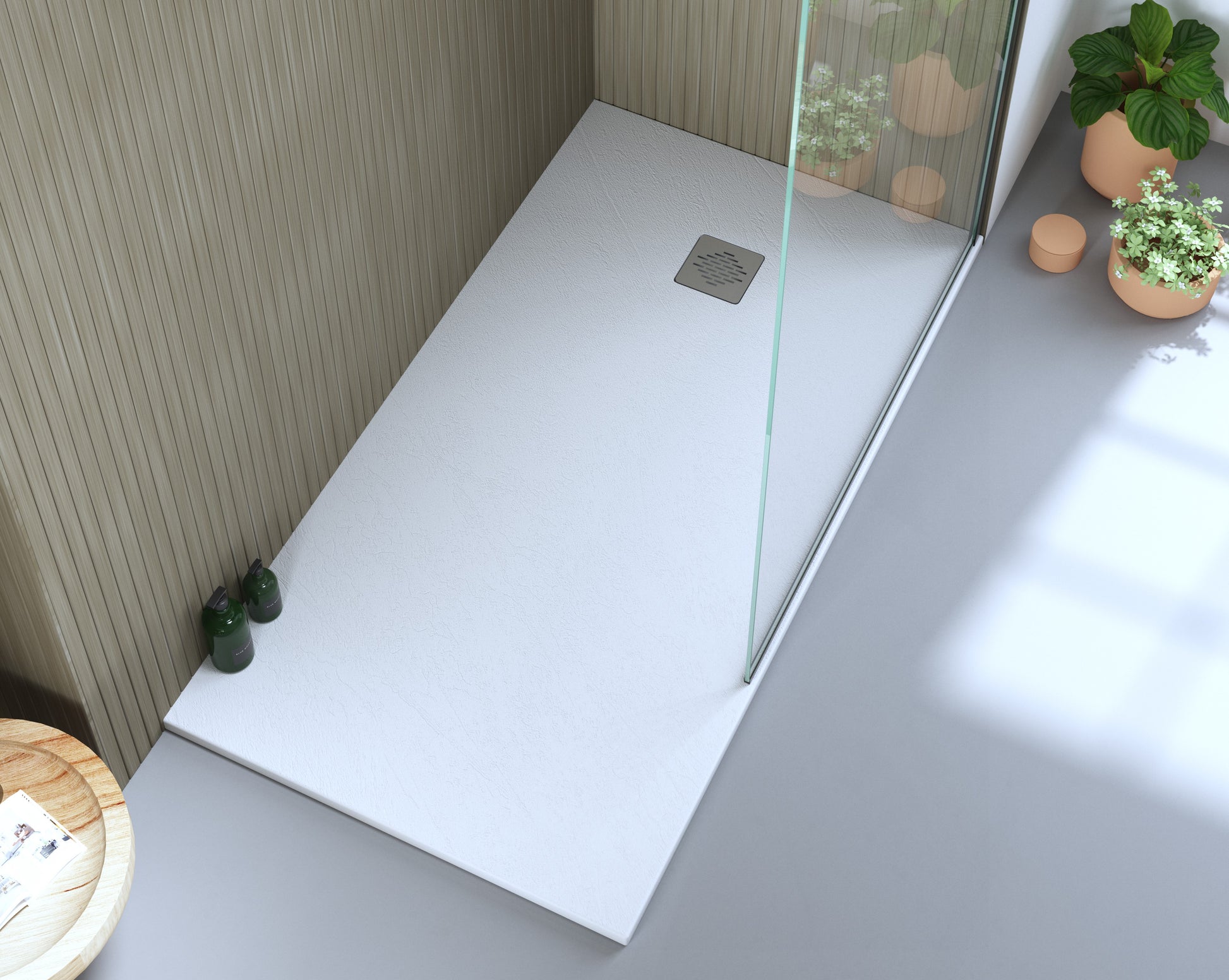 Plato de ducha Stone Quartz Pizarra Liso Palma Becrisa, color Blanco, premium, ligero y elegante, Errefe Home