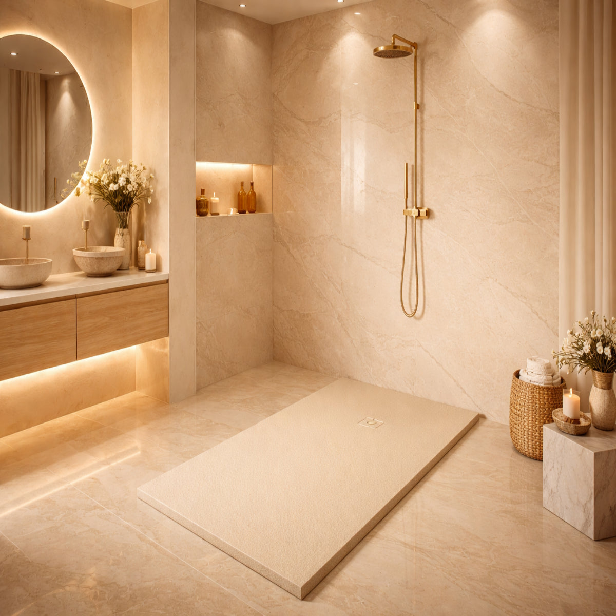 Plato de ducha Gel Coat Formentera Becrisa, acabado piedra, color Blanco, antideslizante, higiénico y duradero, Errefe Home