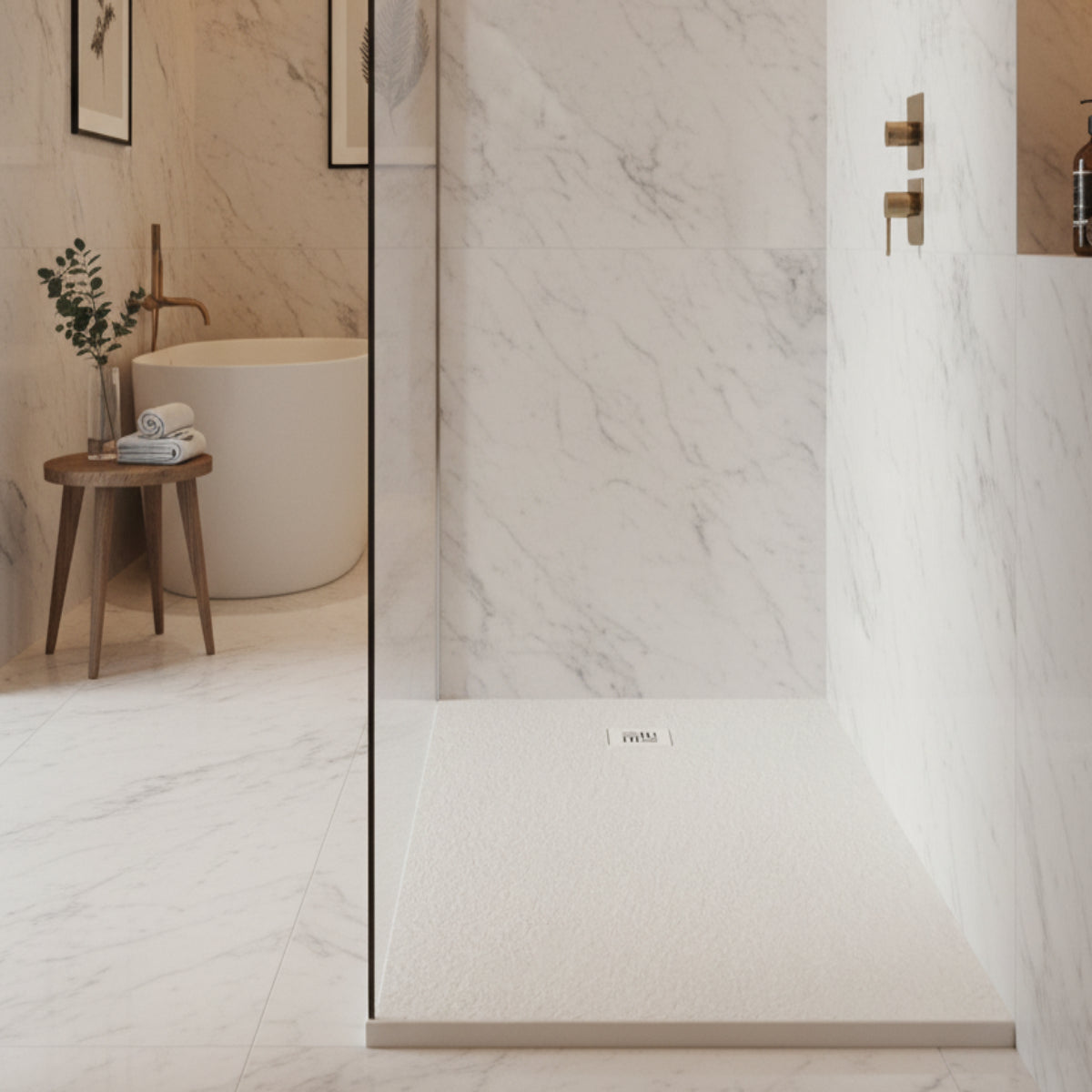 Plato de ducha Gel Coat Formentera Becrisa, acabado piedra, color Blanco, antideslizante, higiénico y duradero, Errefe Home