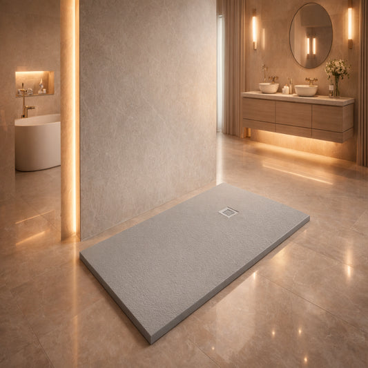 Plato de ducha Gel Coat Formentera Becrisa, acabado piedra, color Mist, antideslizante, higiénico y duradero, Errefe Home