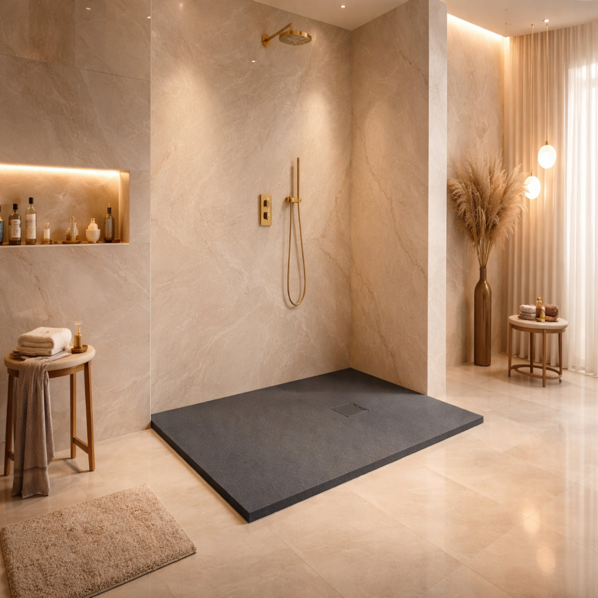 Plato de ducha Gel Coat Formentera Becrisa, acabado piedra, color negro, antideslizante, higiénico y duradero, Errefe Home