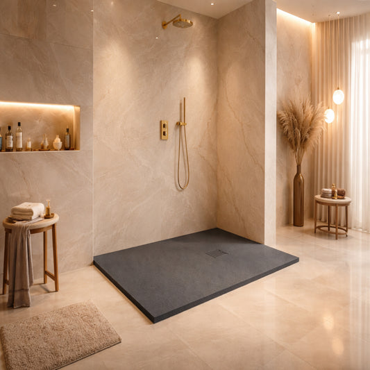 Plato de ducha Gel Coat Formentera Becrisa, acabado piedra, color negro, antideslizante, higiénico y duradero, Errefe Home