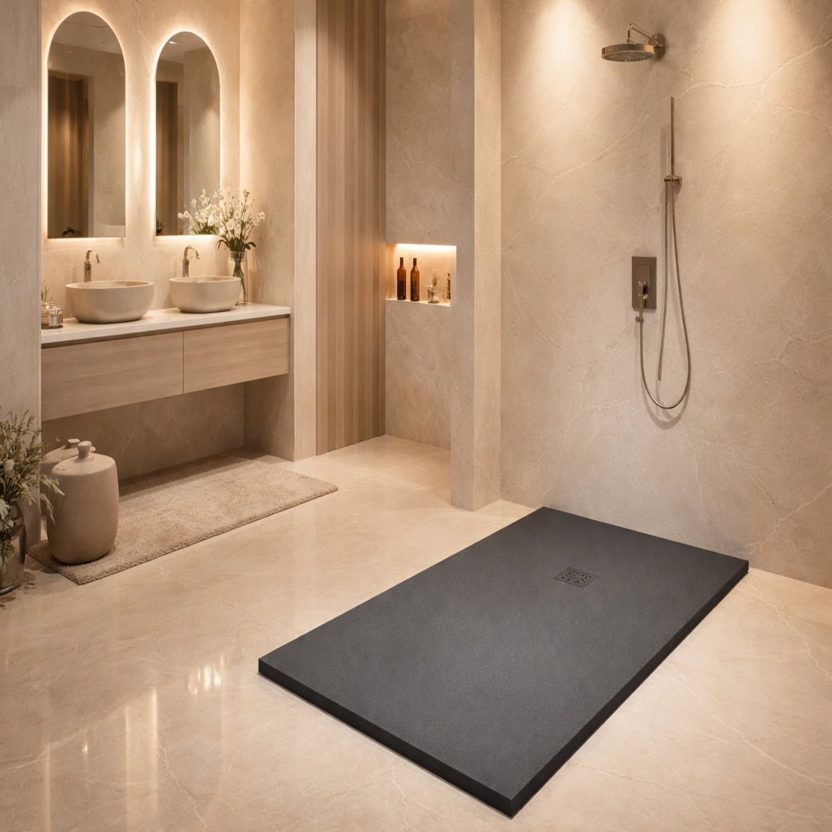 Plato de ducha de resina, Gel Coat, Ibiza Plus acabado piedra, color antracita, antideslizante, higiénico y duradero, Errefe Home