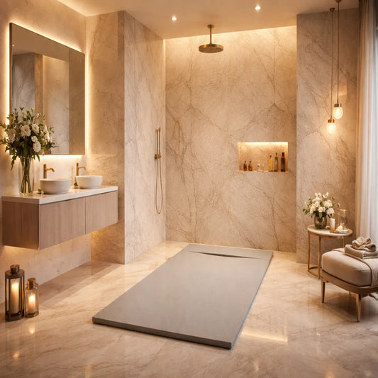 Plato de ducha Gel Coat Gandía Plus Becrisa, acabado piedra, color gris cemento, elegante, antideslizante e higiénico Errefe Home