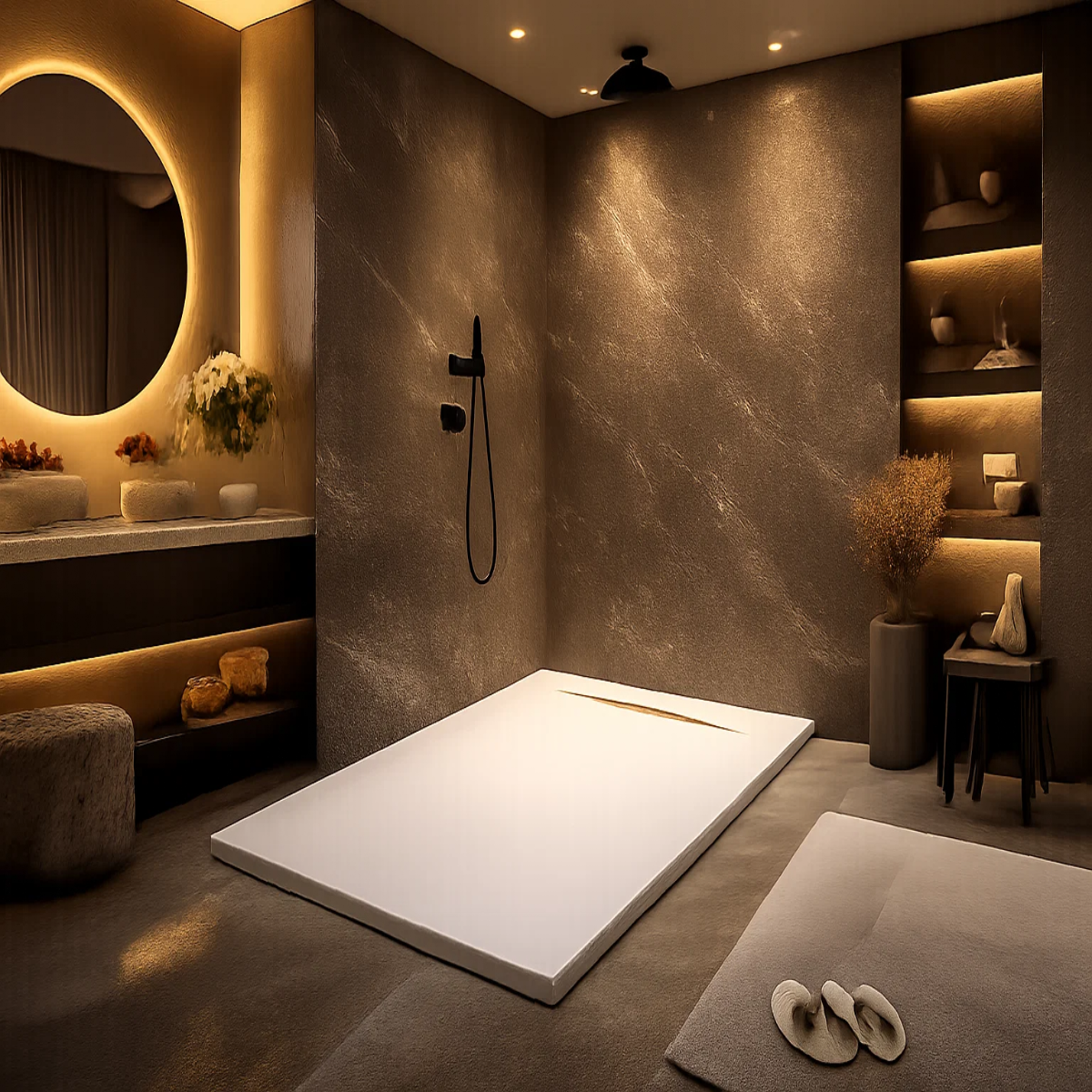 Plato de ducha Gel Coat Gandía Plus Becrisa, acabado piedra, color blanco, elegante, antideslizante e higiénico Errefe Home