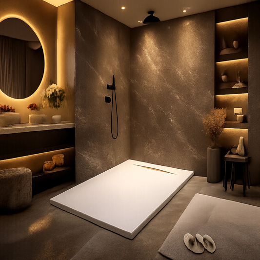 Plato de ducha Gel Coat Gandía Plus Becrisa, acabado piedra, color blanco, elegante, antideslizante e higiénico Errefe Home