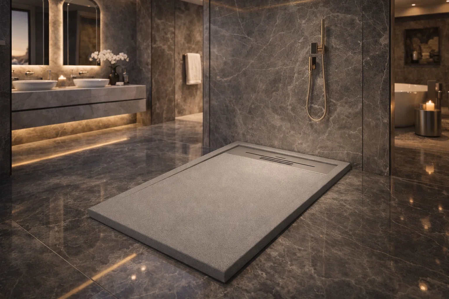 Plato de ducha de resina color gris cemento, antideslizante, higiénico y duradero, facil de limpiar. Errefe Home