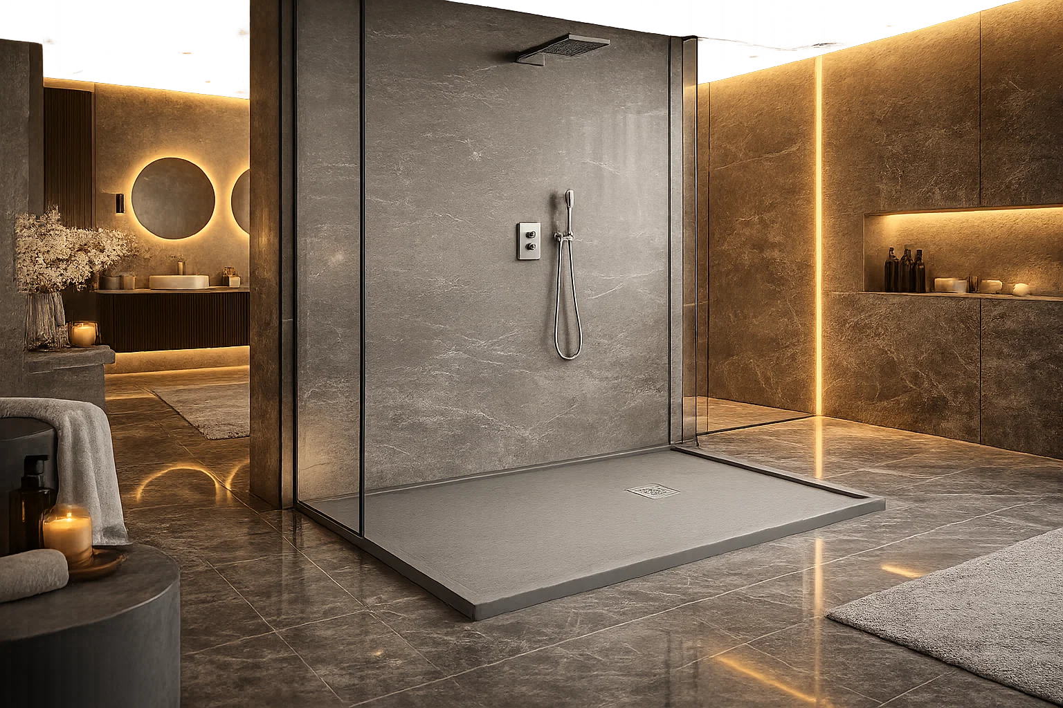 Plato de ducha Gel Coat Marbella Becrisa, acabado piedra, color gris cemento-mist, elegante, antideslizante e higiénico Errefe Home