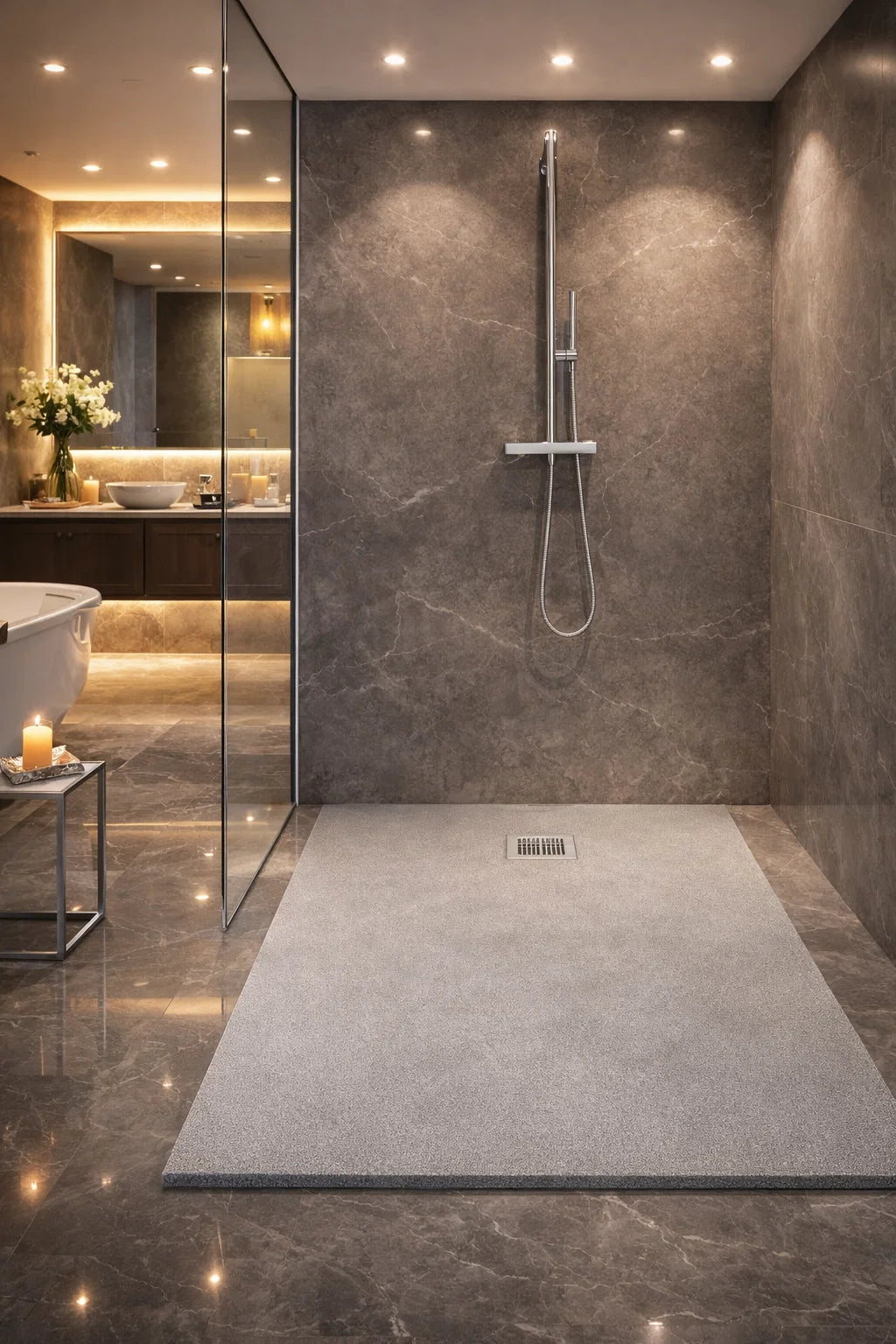 Plato de ducha de resina, Gel Coat, acabado piedra, color gris, antideslizante, higiénico, liviano. Errefe Home