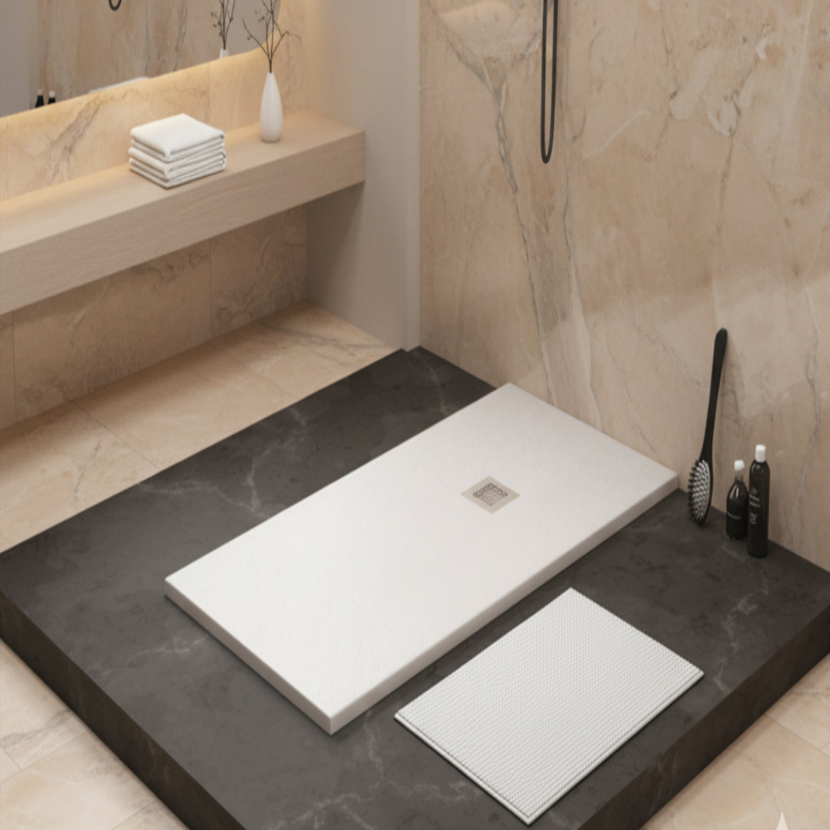Plato de ducha Gel Coat Ibiza Plus Becrisa, acabado pizarra suave, color Blanco, antideslizante, higiénico y duradero, Errefe Home