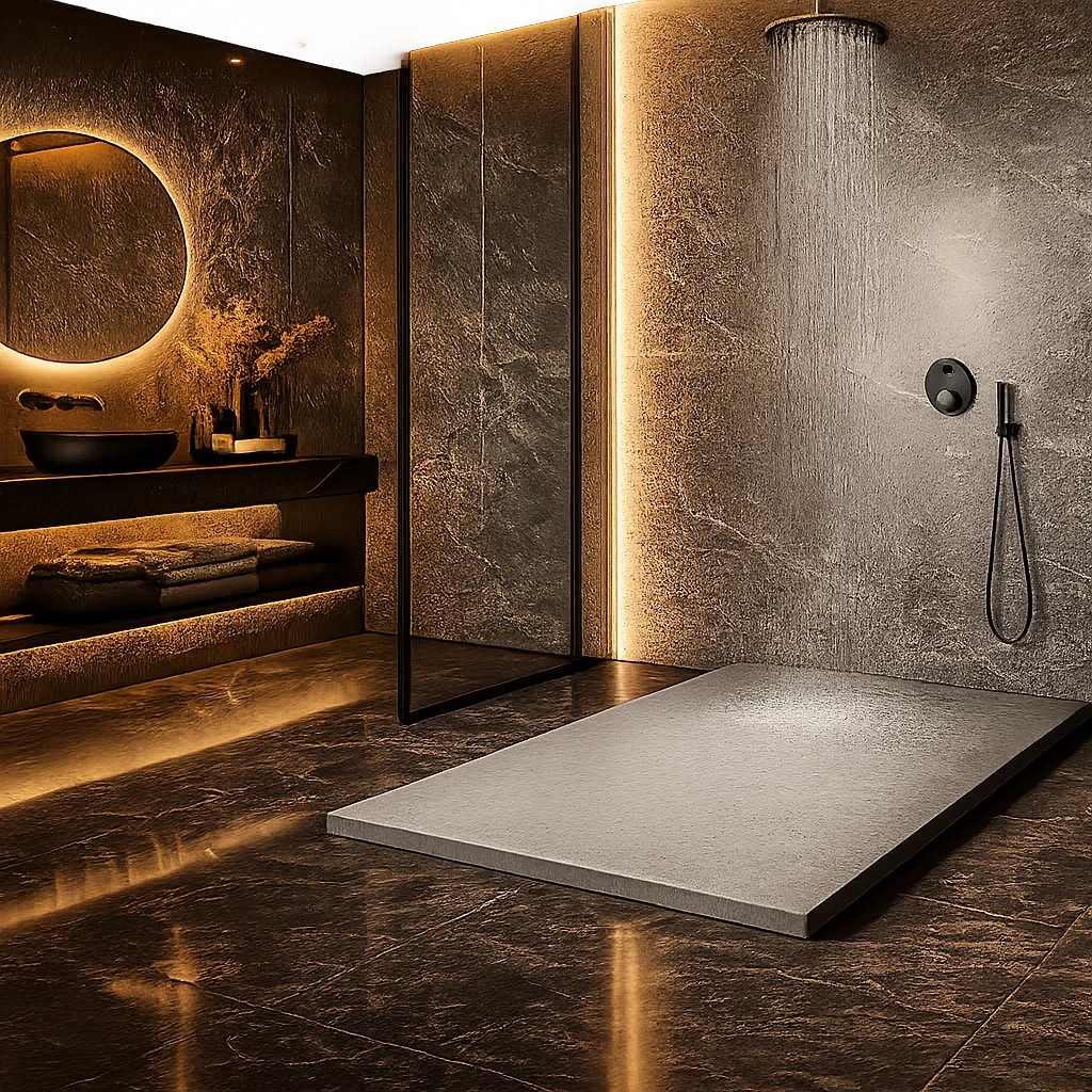 Plato de ducha de resina, Gel Coat, acabado texturado,color gris cemento, antideslizante, higiénico y duradero, Errefe Home