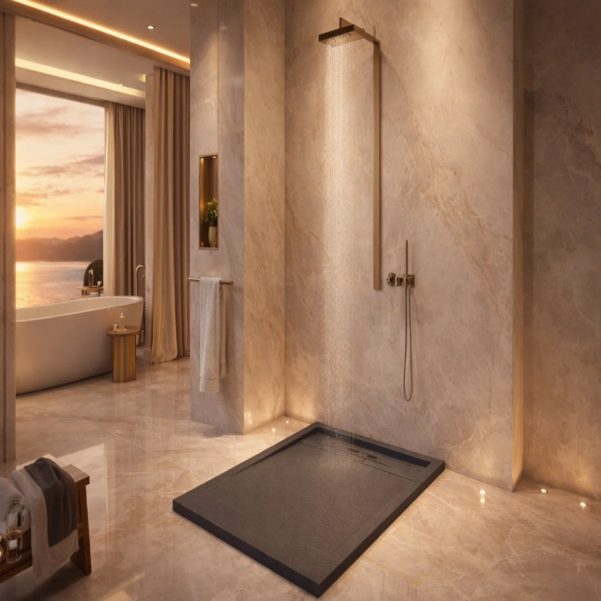 Plato de ducha Gel Coat Marbella Becrisa, acabado piedra, color antracita, elegante, antideslizante e higiénico Errefe Home