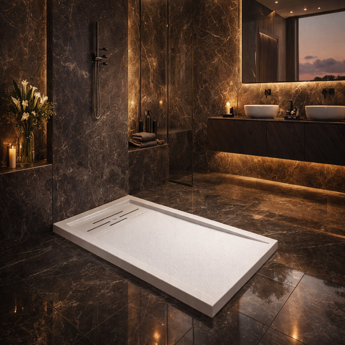 Plato de ducha Gel Coat Marbella Becrisa, acabado piedra, color blanco, elegante, antideslizante e higiénico Errefe Home