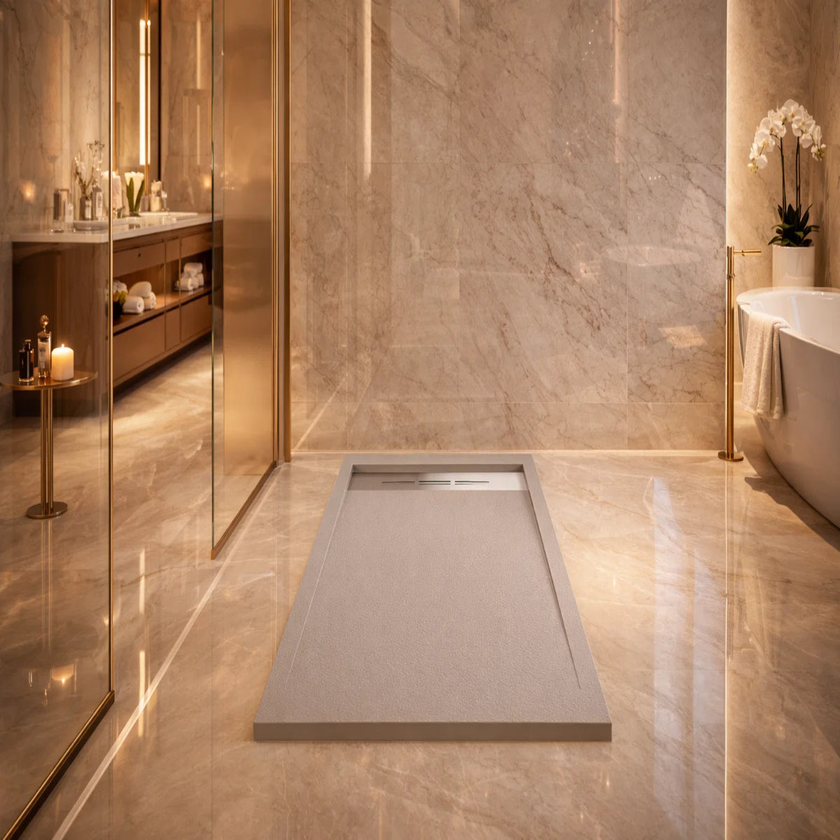 Plato de ducha Gel Coat Marbella Becrisa, acabado piedra, color mist, elegante, antideslizante e higiénico Errefe Home