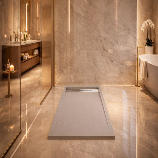 Plato de ducha Gel Coat Marbella Becrisa, acabado piedra, color mist, elegante, antideslizante e higiénico Errefe Home