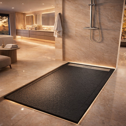 Plato de ducha Gel Coat Marbella Becrisa, acabado piedra, color negro, elegante, antideslizante e higiénico Errefe Home