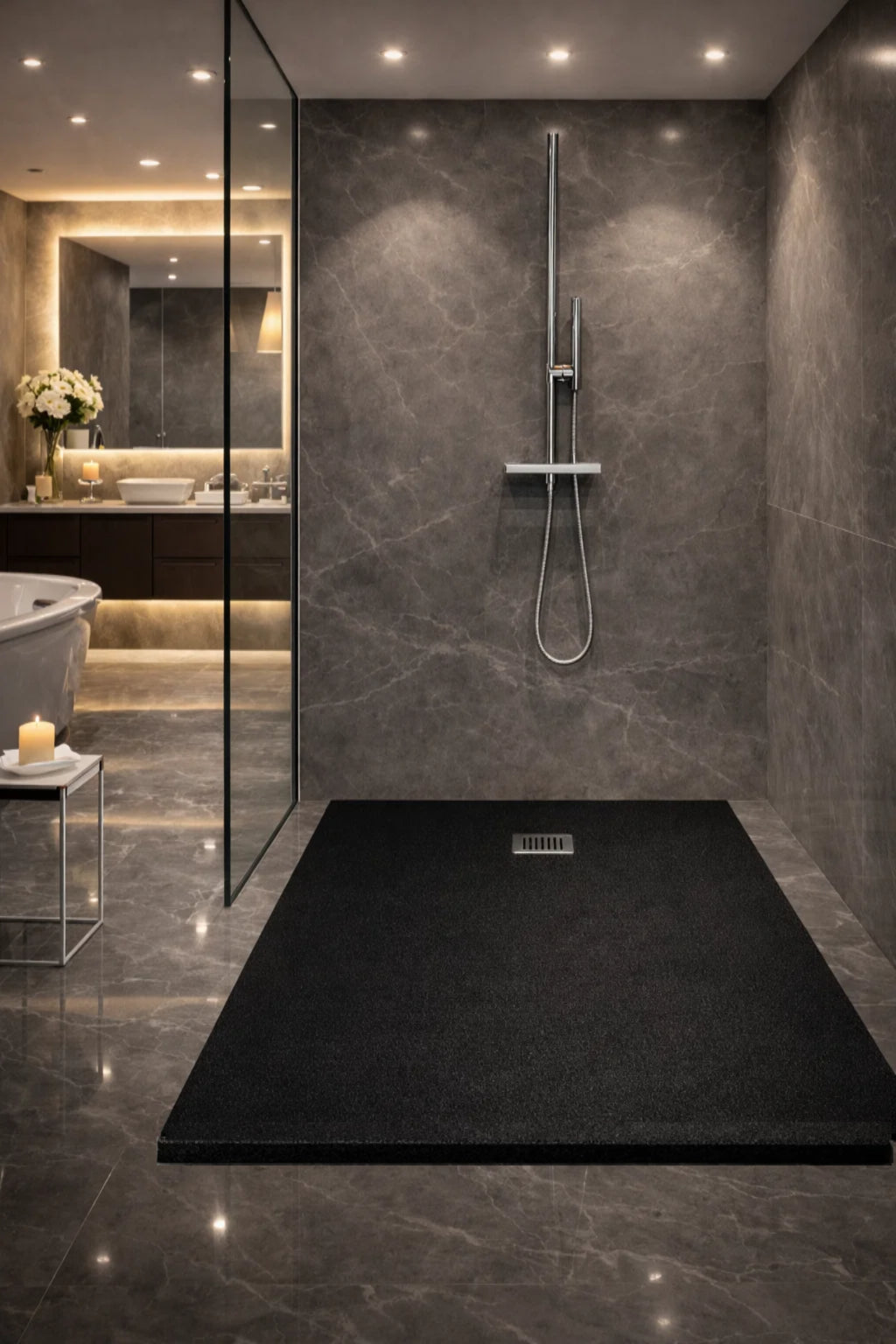 Plato de ducha de resina, Gel Coat, acabado piedra, color negro, antideslizante, higiénico, liviano. Errefe Home