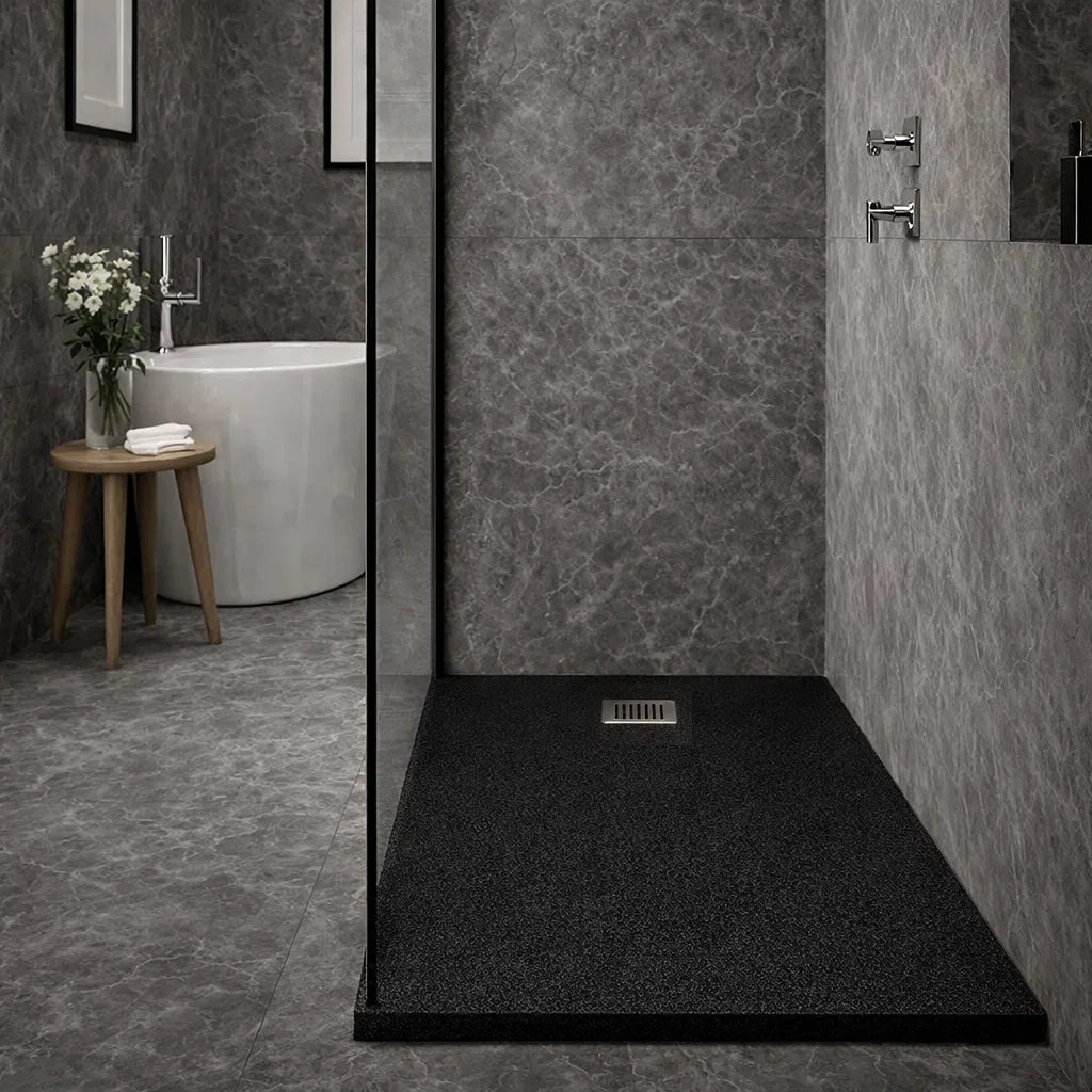 Plato de ducha de resina, Gel Coat, acabado piedra, color negro, antideslizante, elegante, higiénico, facil de limpiar. Errefe Home