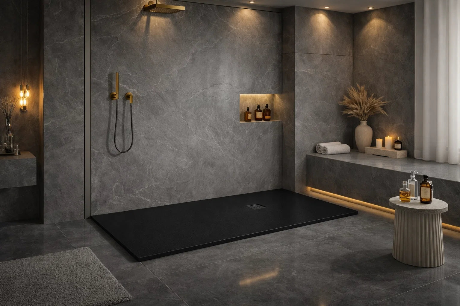 Plato de ducha de resina, Gel Coat, acabado piedra, color negro, antideslizante, antibacteriano, liviano. Errefe Home