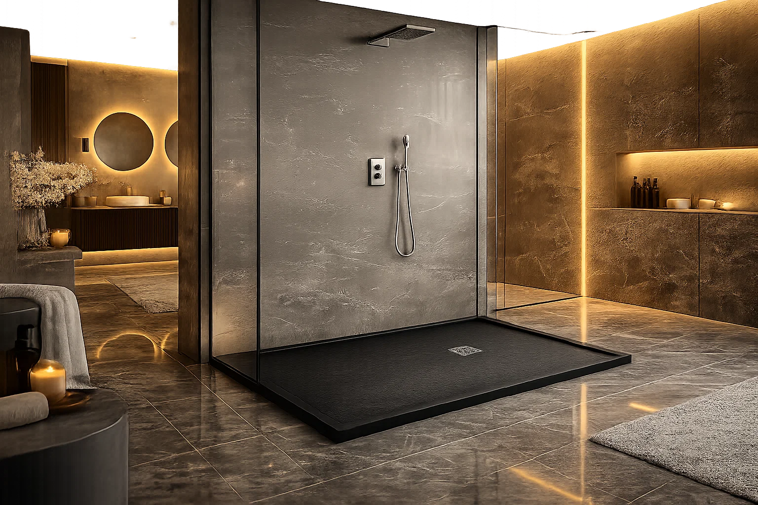 Plato de ducha Gel Coat Marbella Becrisa, acabado piedra, color negro, elegante, antideslizante e higiénico Errefe Home