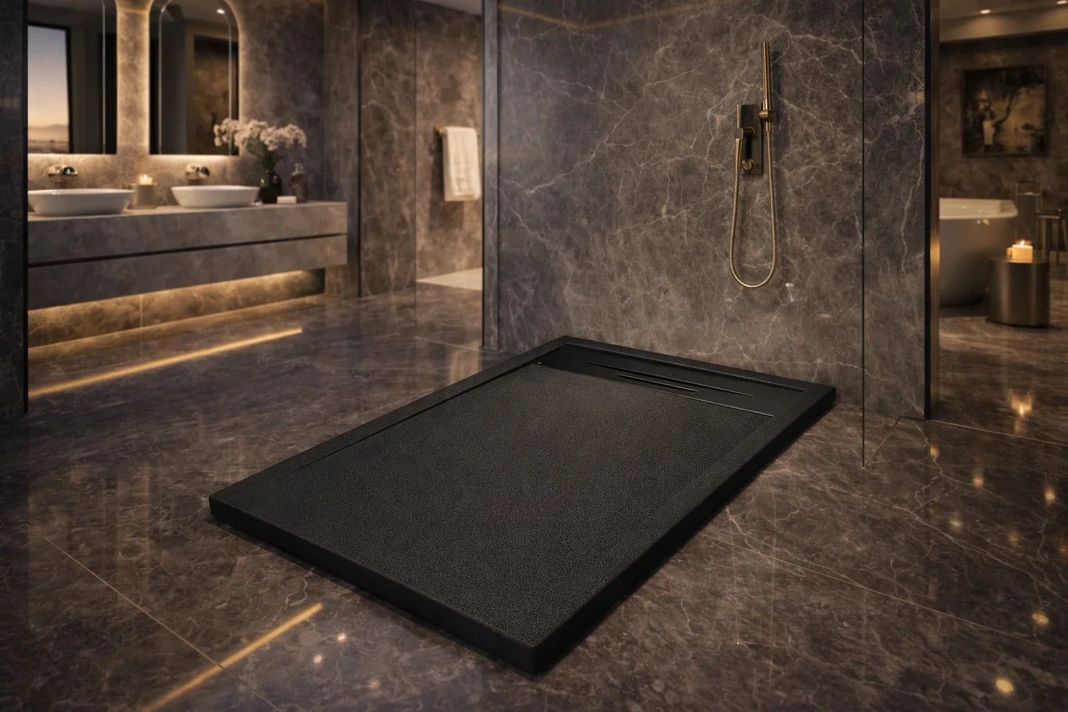 Plato de ducha de resina color negro, antideslizante, higiénico y duradero, facil de limpiar. Errefe Home
