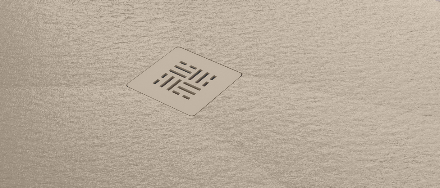 Acabado plato Formentera Becrisa textura tipo piedra color beige. Rejilla del mismo color. Elegante. Errefe Home