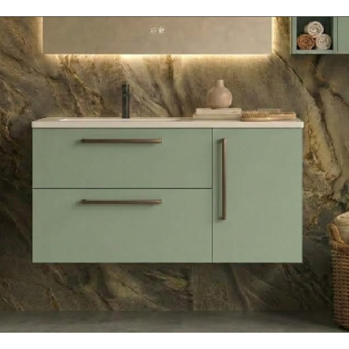 Mueble de baño con lavabo desplazado, 2 cajones + 1 puerta con tirador tipo asa de madera oscura  modelo VETA - Avila Dos - Errefe Home
