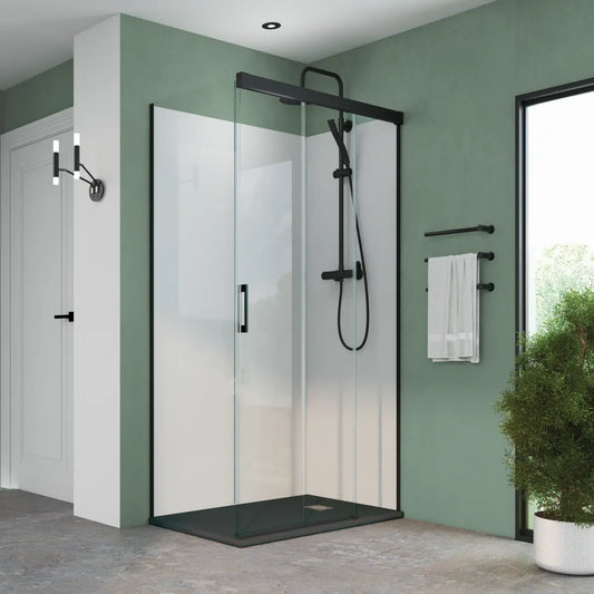Mampara de ducha Treviño Becrisa, frontal con 2 puertas correderas sincronizadas, 1 fijo y 1 lateral fijo, perfil en negro mate, diseño moderno y funcional, Errefe Home