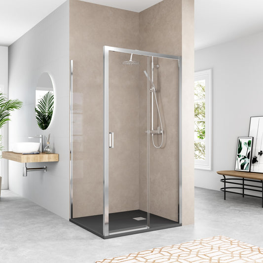 Mampara de ducha Tokio Becrisa vidrios transparentes, 1 puerta corredera + 1 fijo + 1 lateral fijo, perfil cromo, estilo actual y versátil, Errefe Home