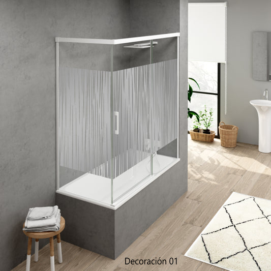 Mampara de bañera YAIZA Becrisa vidrios decorativos, 1 puerta corredera, 1 fijo+1 lateral fijo, perfil blanco, Errefe Home