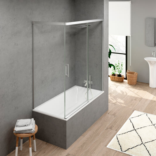 Mampara de bañera YAIZA Becrisa vidrios transparentes, 1 puerta corredera, 1 fijo+1 lateral fijo, perfil cromo, diseño minimalista, Errefe Home
