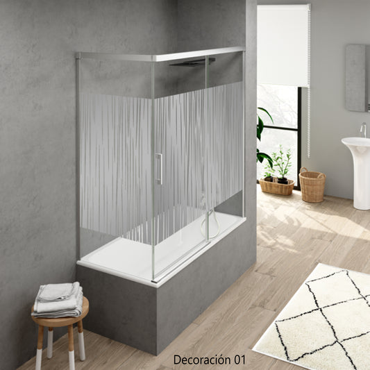 Mampara de bañera YAIZA Becrisa vidrios decorativos, 1 puerta corredera, 1 fijo+1 lateral fijo, perfil cromo, diseño minimalista, Errefe Home