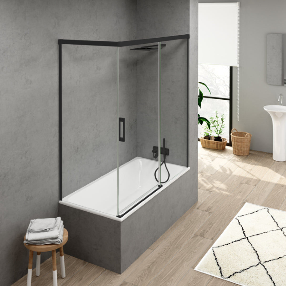 mampara-bañera-frontal-1c-1f-1-lateral-fijo-yaiza-negro-mate.webp