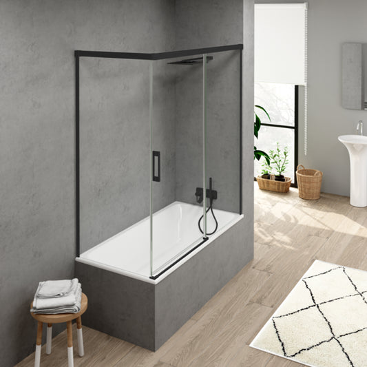 Mampara de bañera YAIZA Becrisa vidrios transparentes, 1 puerta corredera, 1 fijo+1 lateral fijo, perfil negro, diseño minimalista, Errefe Home
