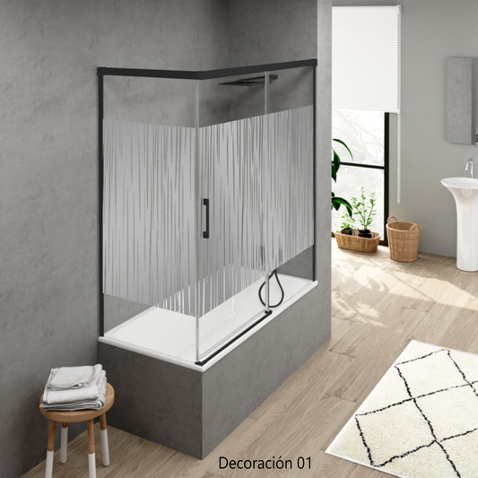 Mampara de bañera YAIZA Becrisa vidrios decorativos, 1 puerta corredera, 1 fijo+1 lateral fijo, perfil negro, Errefe Home