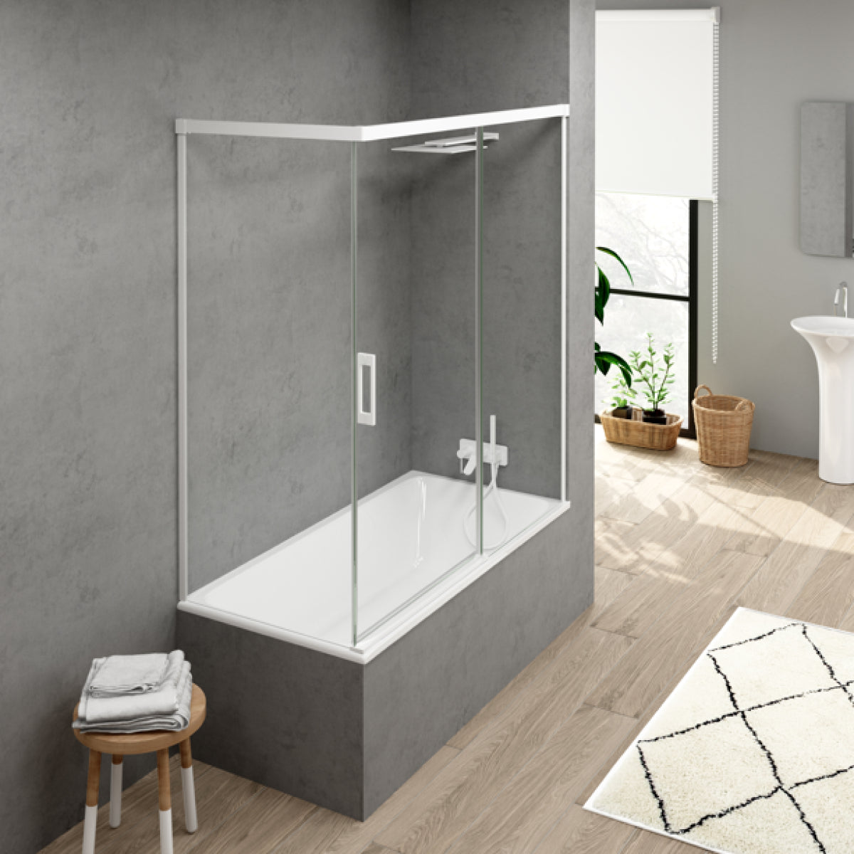 Mampara de bañera YAIZA Becrisa vidrios transparentes, 1 puerta corredera, 1 fijo+1 lateral fijo, perfil blanco, diseño minimalista, Errefe Home