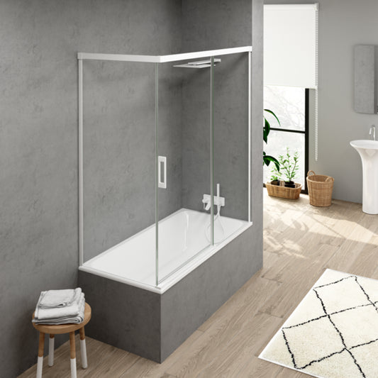 Mampara de bañera YAIZA Becrisa vidrios transparentes, 1 puerta corredera, 1 fijo+1 lateral fijo, perfil blanco, diseño minimalista, Errefe Home