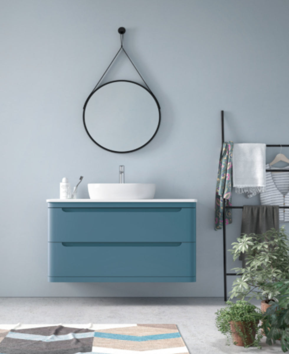 Mueble de baño Avila Dos color azul, 2 cajones suspendidos, lavabo sobre encimera blanco 1 seno, Errefe Home