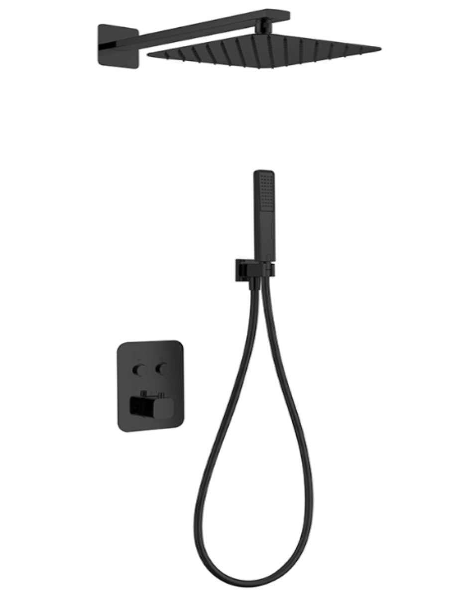 Ducha empotrada termostática negro mate serie Madeira grifería moderna elegante Errefe Home