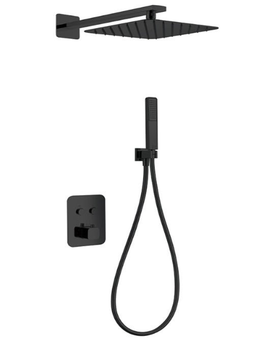 Ducha empotrada termostática negro mate serie Madeira grifería moderna elegante Errefe Home