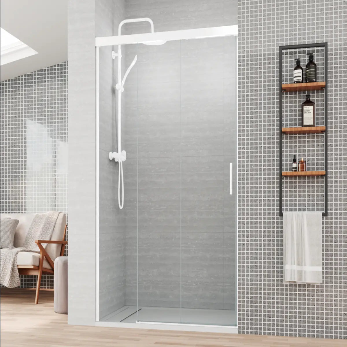 Mampara de ducha Treviño Becrisa, vidrios transparentes, 2 puertas correderas sincronizadas + 1 fijo, perfil blanco, diseño elegante y cómodo, Errefe Home