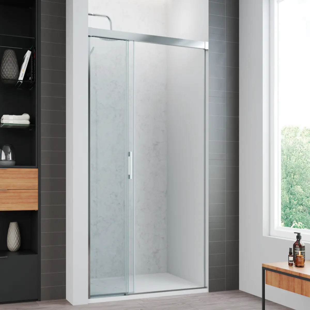 Mampara de ducha Treviño Becrisa, vidrios transparentes, 2 puertas correderas sincronizadas + 1 fijo, perfil cromo, diseño elegante y cómodo, Errefe Home