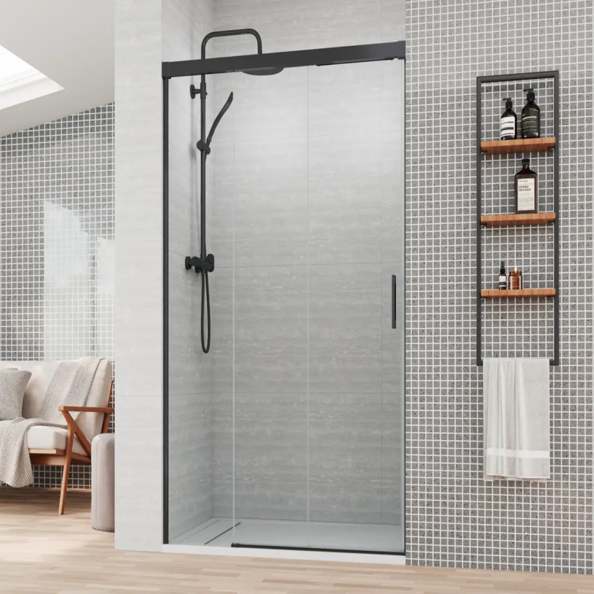 Mampara de ducha Treviño Becrisa, vidrios transparentes, 2 puertas correderas sincronizadas + 1 fijo, perfil negro, diseño elegante y cómodo, Errefe Home