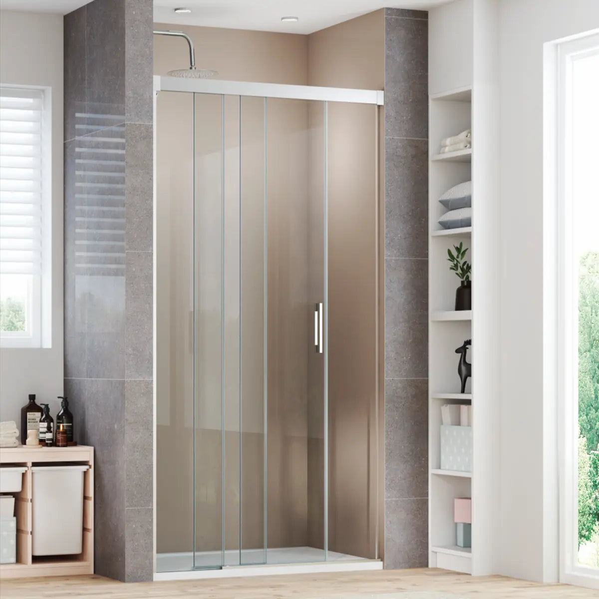 Mampara de ducha Treviño Becrisa, vidrios transparentes, 2 puertas correderas sincronizadas + 1 fijo, perfil cromo, diseño elegante y práctico, Errefe Home