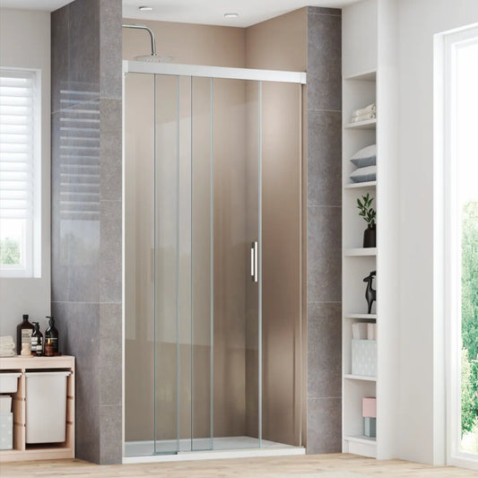 Mampara de ducha Treviño Becrisa, vidrios transparentes, 2 puertas correderas sincronizadas + 1 fijo, perfil cromo, diseño elegante y práctico, Errefe Home