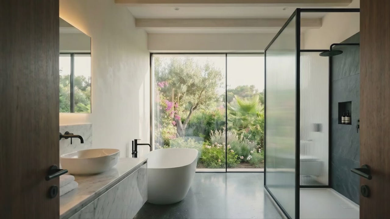 Cargar video: Baño de lujo con mampara de ducha de perfil negro y vidrio acanalado, bañera exenta y vistas a un jardín mediterráneo por Errefe Home.
